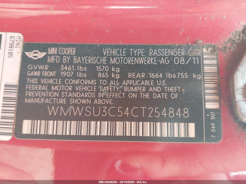 2012 Mini Cooper 1.6 red Lot 111044286292 Vin WMWSU3C54CT254848