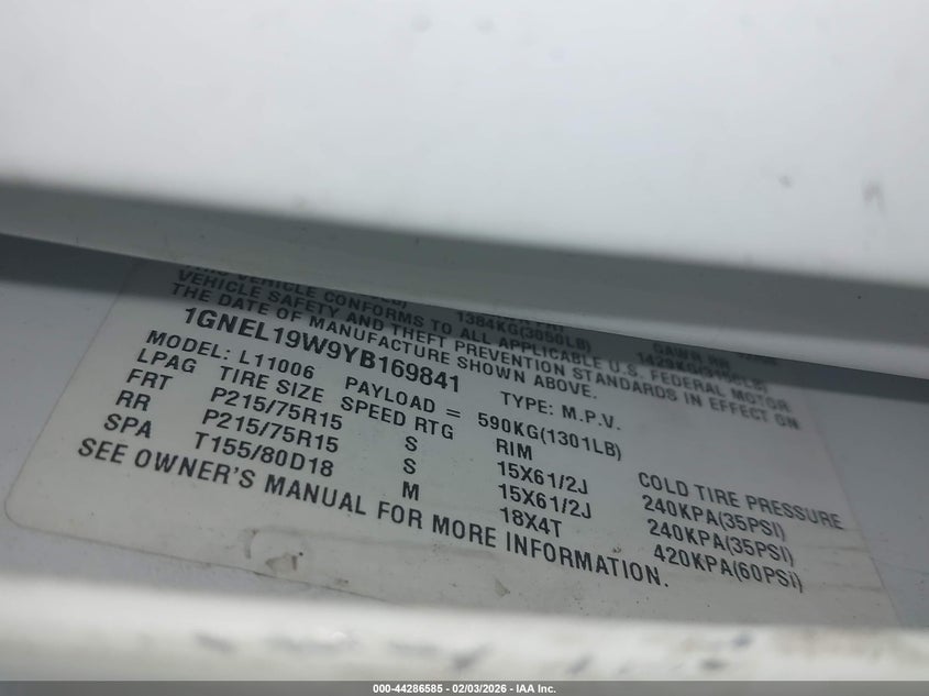 2000 Chevrolet Astro VIN: 1GNEL19W9YB169841 Lot: 44286585