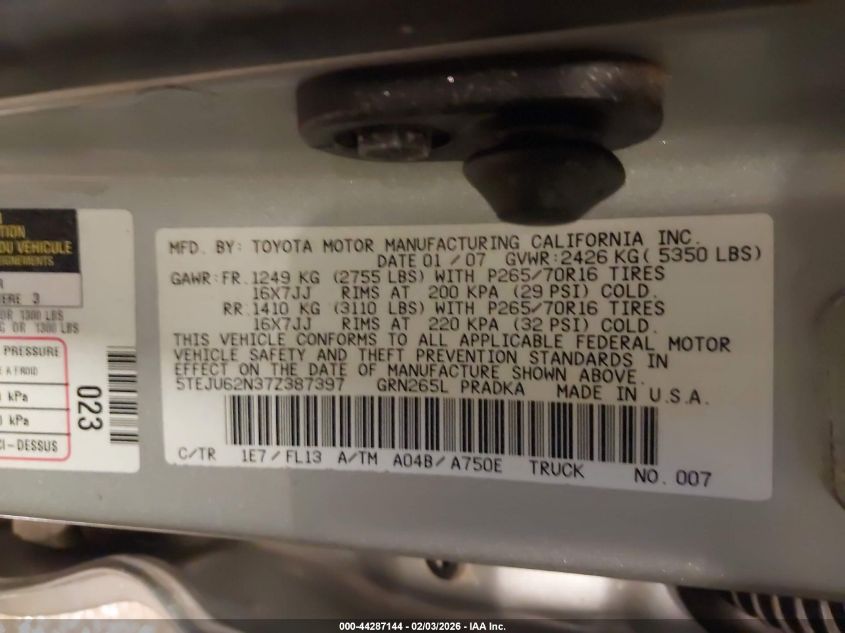 2007 Toyota Tacoma Prerunner V6 VIN: 5TEJU62N37Z387397 Lot: 44287144