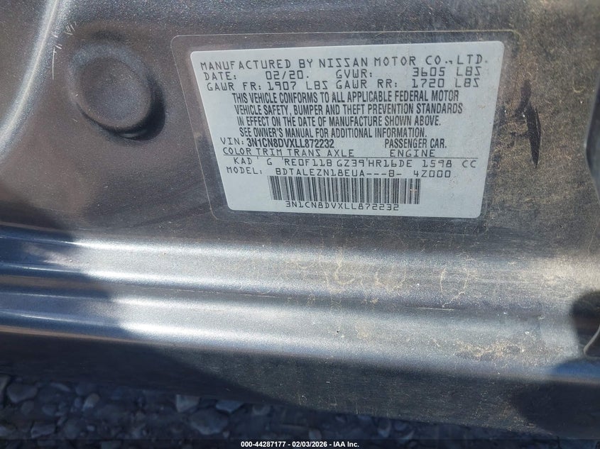 2020 Nissan Versa 1.6 S Xtronic Cvt grey Lot 111044287177 Vin 3N1CN8DVXLL872232