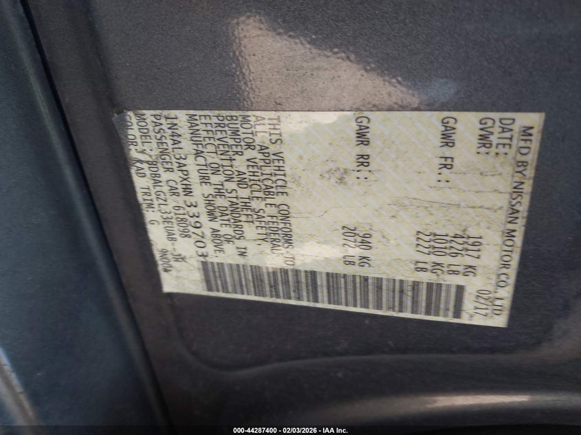 VIN 1N4AL3APXHN339703 2017 NISSAN ALTIMA 2.5 S