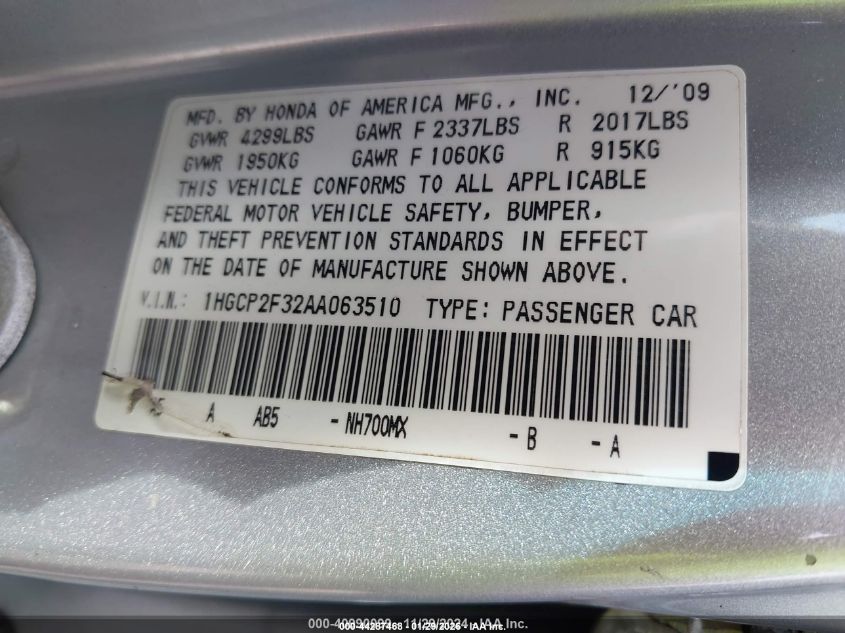 2010 Honda Accord 2.4 Lx VIN: 1HGCP2F32AA063510 Lot: 44287468