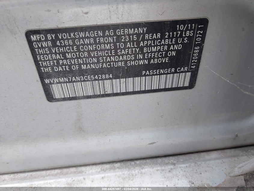 2012 Volkswagen Passat cc 2.0 Cc R-Line silver Lot 111044287497 Vin WVWMN7AN3CE542884