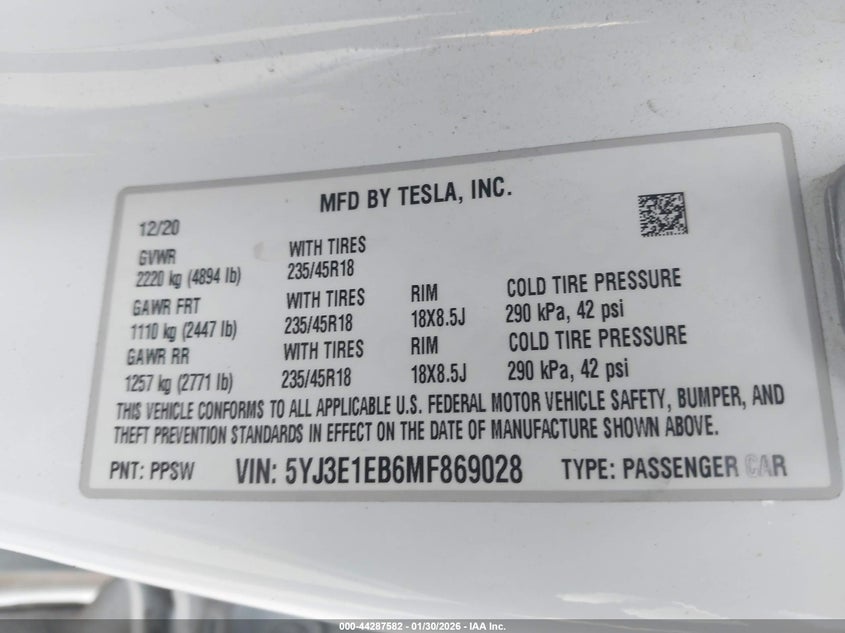 VIN 5YJ3E1EB6MF869028 2021 TESLA MODEL 3 LONG RANGE DUAL MOTOR ALL-WHEEL DRIVE