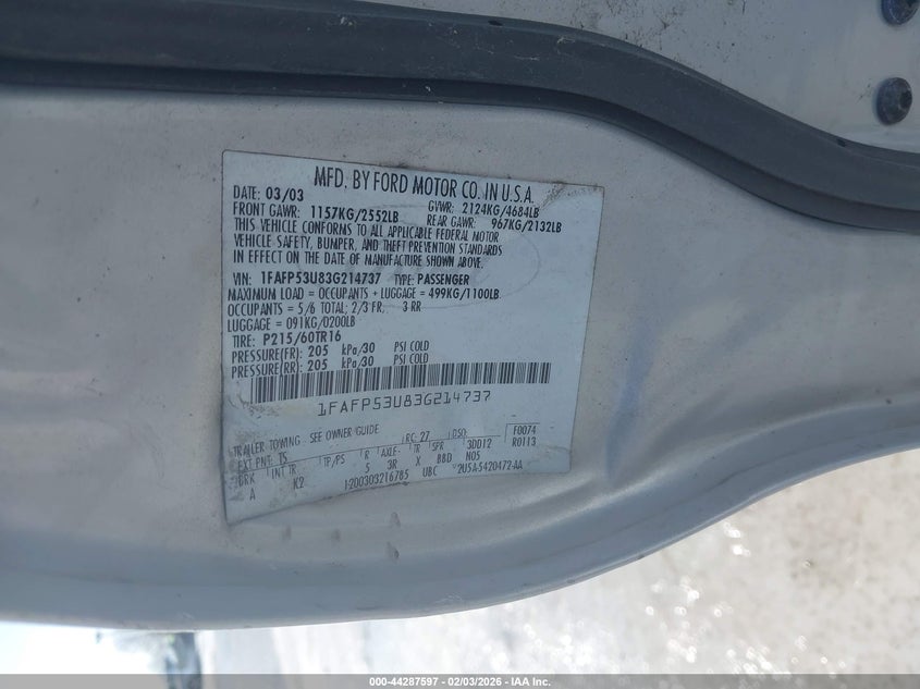 2003 Ford Taurus Se VIN: 1FAFP53U83G214737 Lot: 44287597