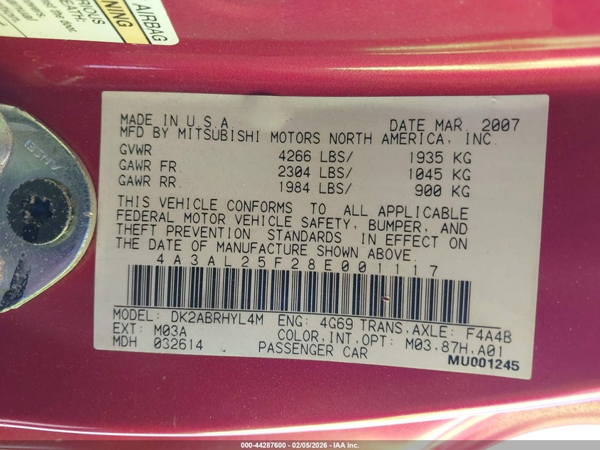 2008 Mitsubishi Eclipse Spyder Gs VIN: 4A3AL25F28E001117 Lot: 44287600