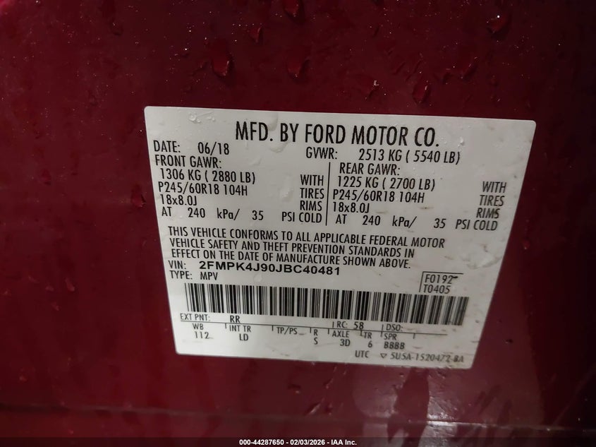 2018 Ford Edge 2.0 Sel red Lot 111044287650 Vin 2FMPK4J90JBC40481