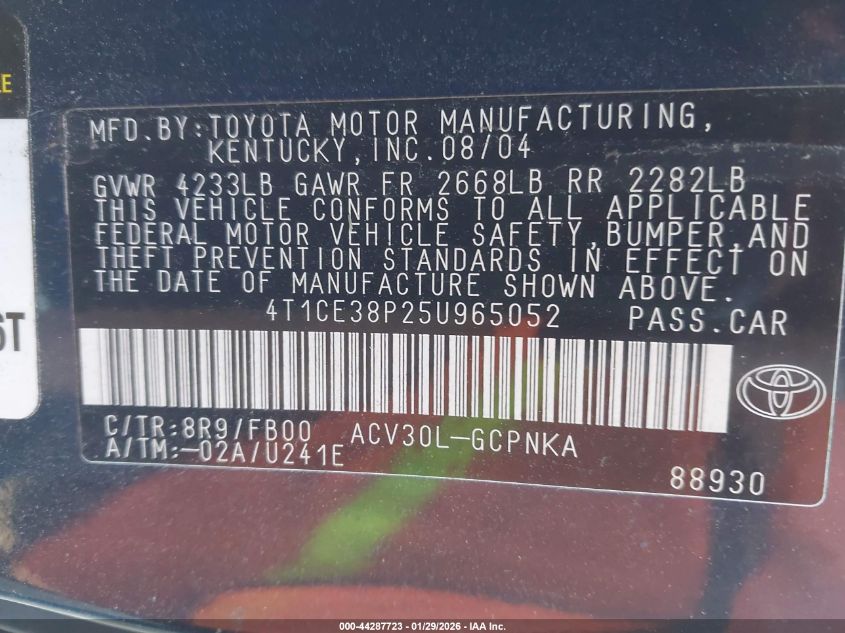 2005 Toyota Camry Solara Se VIN: 4T1CE38P25U965052 Lot: 44287723