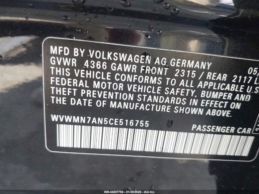 2012 Volkswagen Cc Sport VIN: WVWMN7AN5CE516755 Lot: 44287794