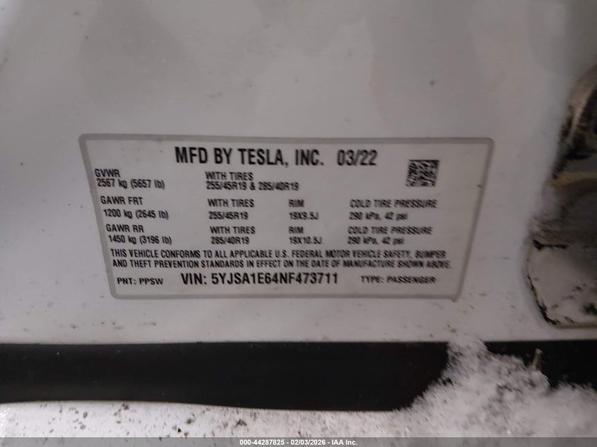 2022 Tesla Model S Plaid Tri Motor All-Wheel Drive VIN: 5YJSA1E64NF473711 Lot: 44287825