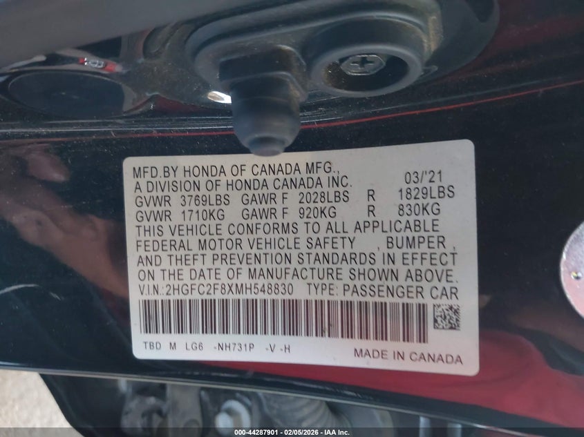 VIN 2HGFC2F8XMH548830 2021 HONDA CIVIC SPORT