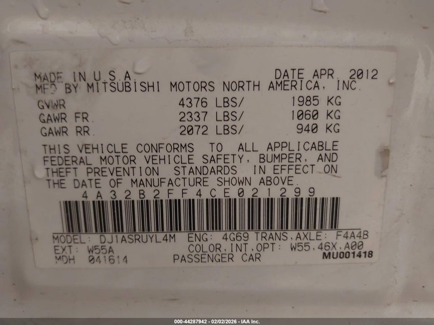 2012 Mitsubishi Galant Fe VIN: 4A32B2FF4CE021299 Lot: 44287942
