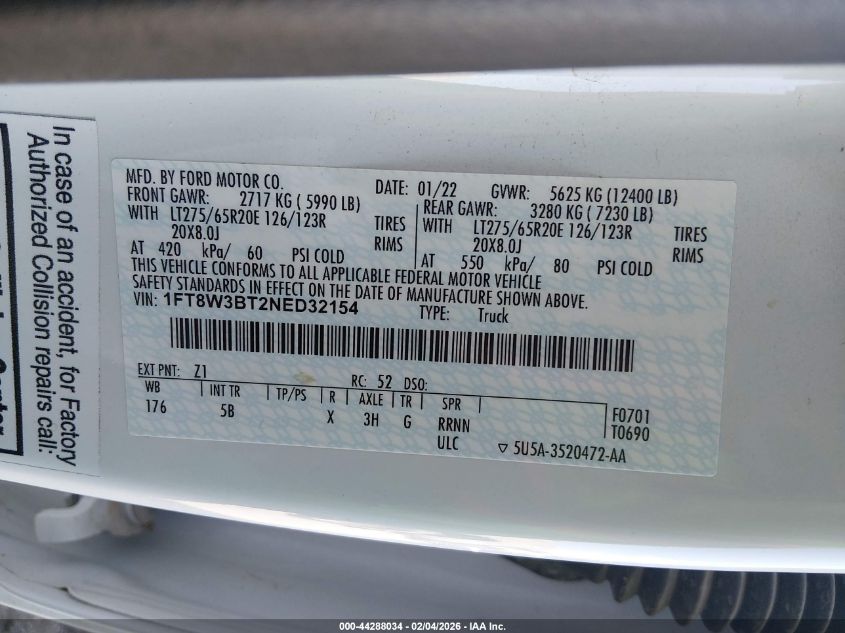 2022 Ford F-350 Lariat VIN: 1FT8W3BT2NED32154 Lot: 44288034