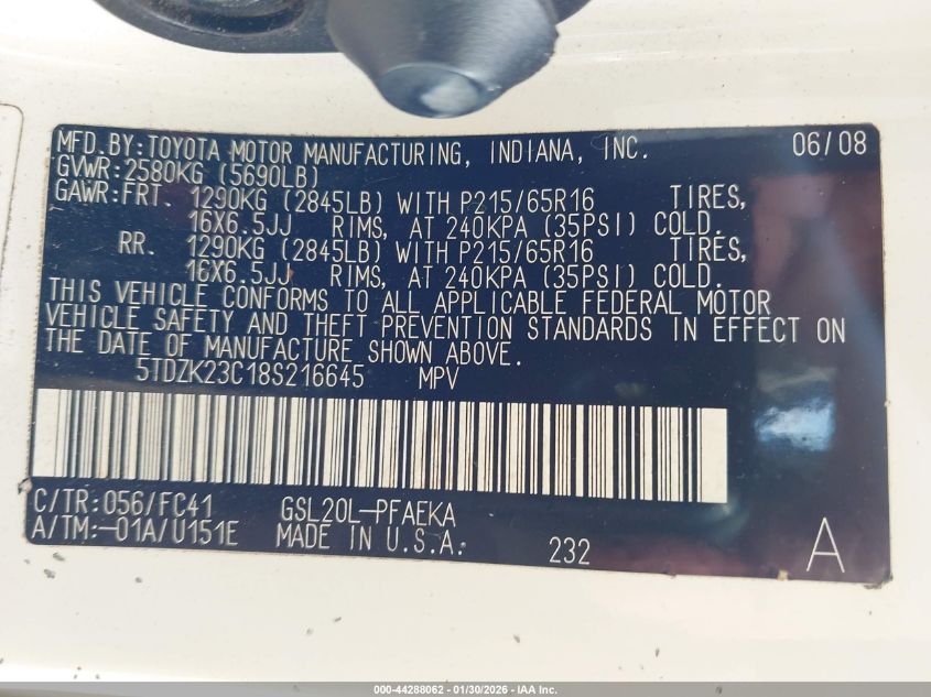 2008 Toyota Sienna Le VIN: 5TDZK23C18S216645 Lot: 44288062