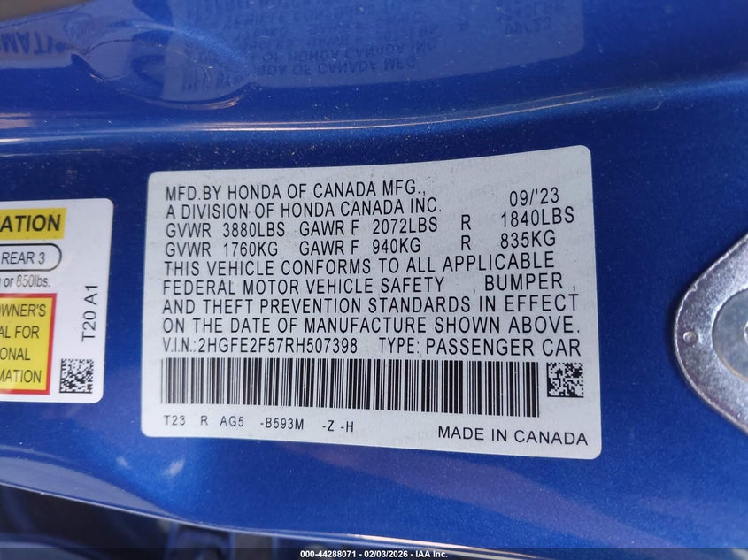 VIN 2HGFE2F57RH507398 2024 HONDA CIVIC SPORT