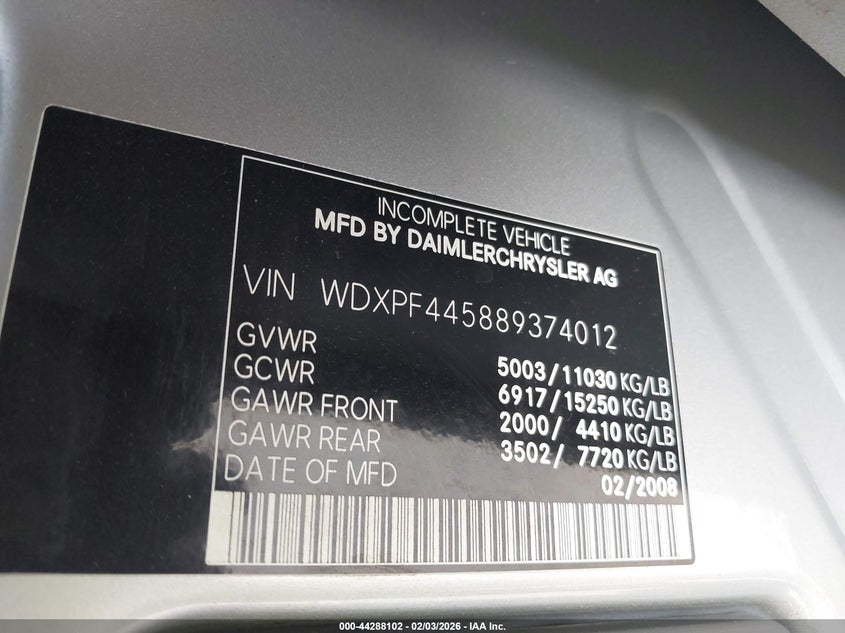 2008 Dodge Sprinter 3500 VIN: WDXPF445889374012 Lot: 44288102
