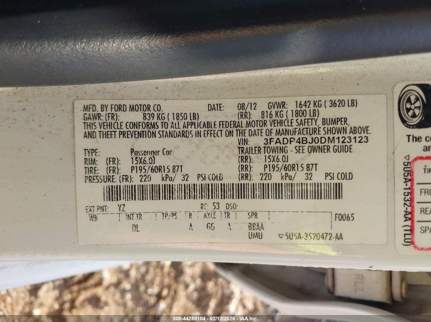 2013 Ford Fiesta Se VIN: 3FADP4BJ0DM123123 Lot: 44288104