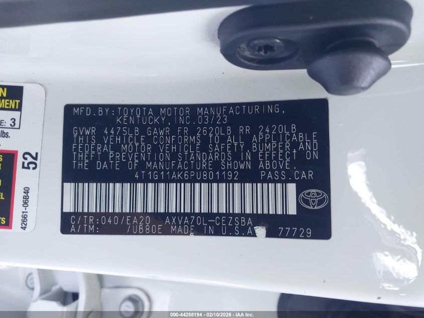 2023 Toyota Camry Se VIN: 4T1G11AK6PU801192 Lot: 44288194