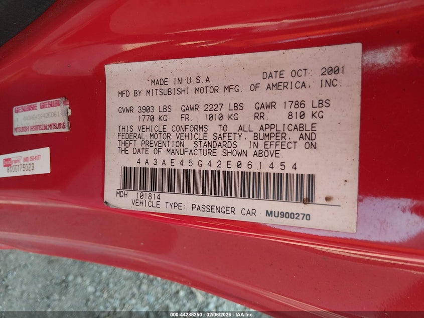 2002 Mitsubishi Eclipse Spyder Gs VIN: 4A3AE45G42E061454 Lot: 44288250