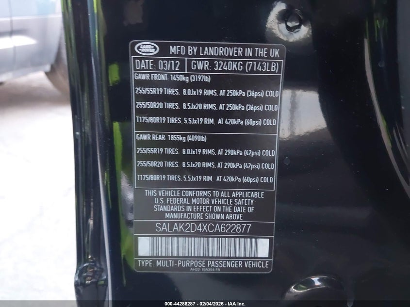 2012 Land rover Lr4 5.0 Unknown Lot 111044288287 Vin SALAK2D4XCA622877