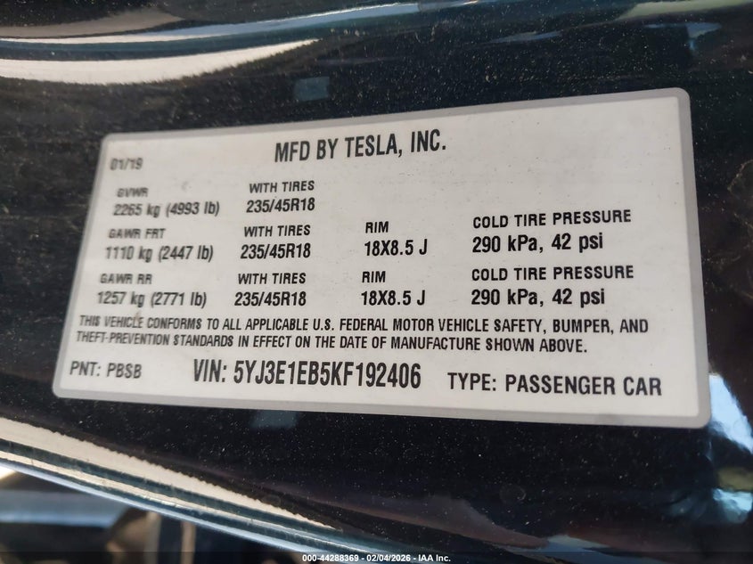 VIN 5YJ3E1EB5KF192406 2019 TESLA MODEL 3 LONG RANGE/PERFORMANCE