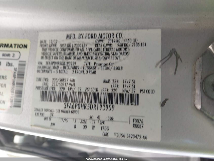 2013 Ford Fusion Se VIN: 3FA6P0HR5DR193959 Lot: 44288665