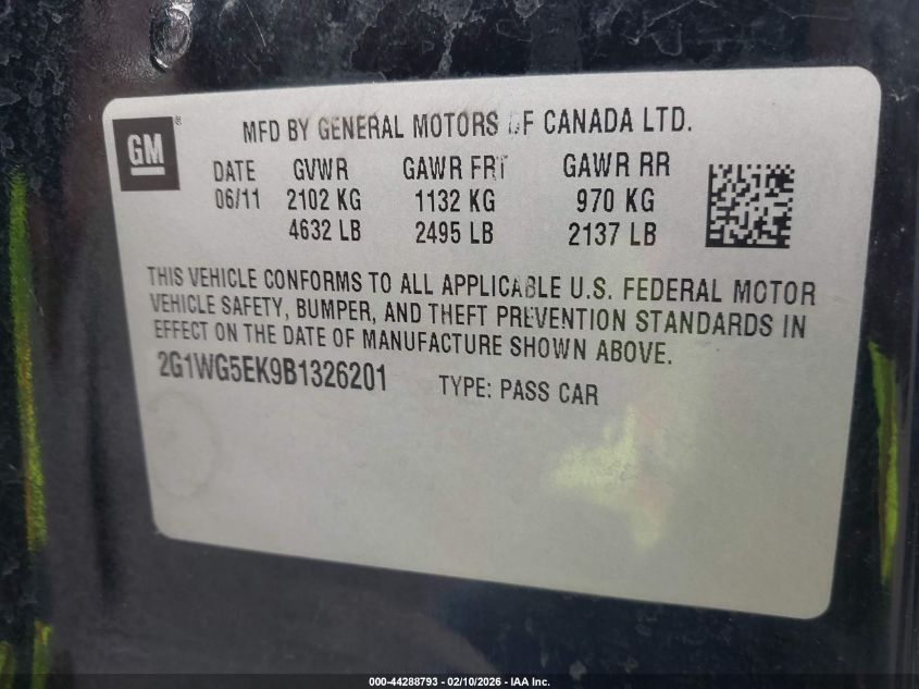 2011 Chevrolet Impala Lt VIN: 2G1WG5EK9B1326201 Lot: 44288793