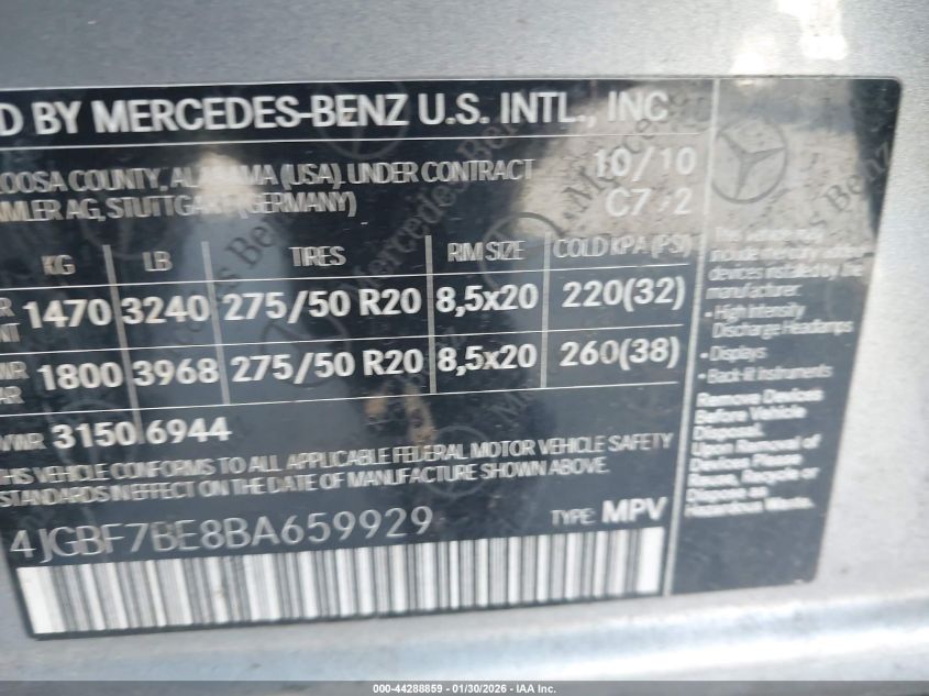 2011 Mercedes-Benz Gl 450 4Matic VIN: 4JGBF7BE8BA659929 Lot: 44288859