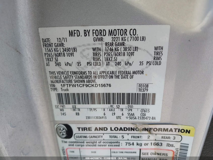 2012 Ford F-150 5.0 Fx2 silver Lot 111044288874 Vin 1FTFW1CF9CKD15676