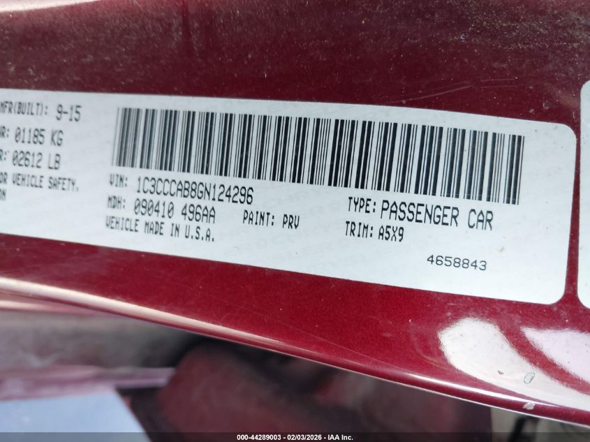 2016 Chrysler 200 Limited VIN: 1C3CCCAB8GN124296 Lot: 44289003