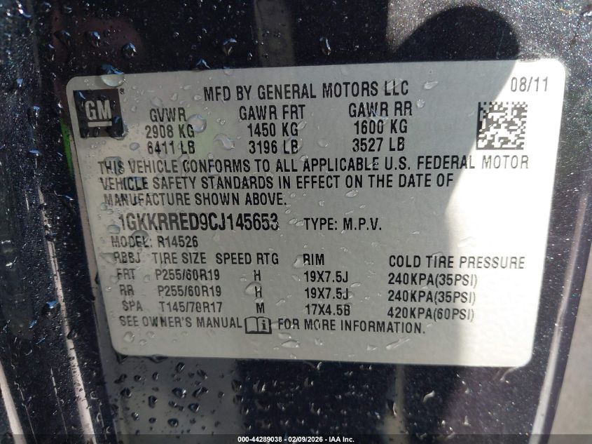 2012 GMC Acadia Slt-1 VIN: 1GKKRRED9CJ145653 Lot: 44289038