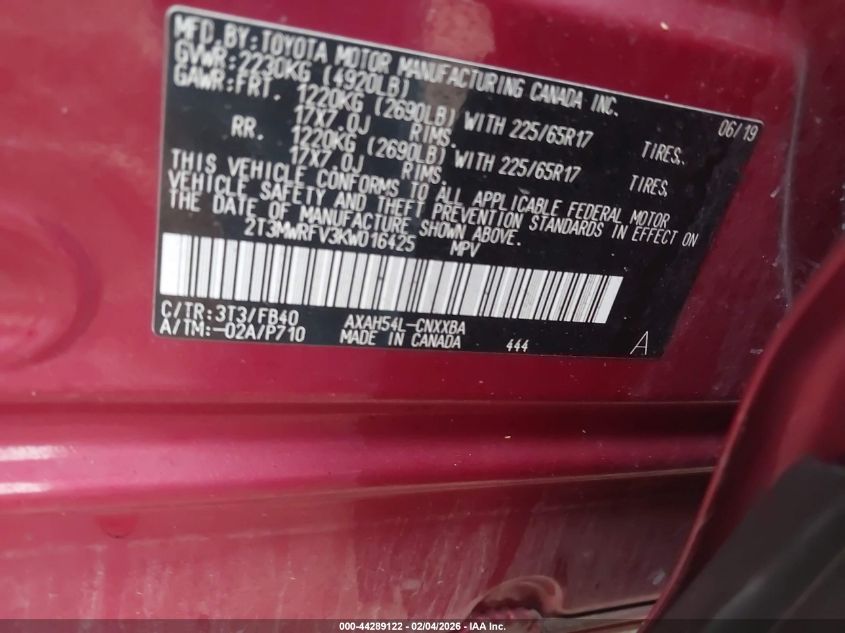 2019 Toyota Rav4 Hybrid Le VIN: 2T3MWRFV3KW016425 Lot: 44289122