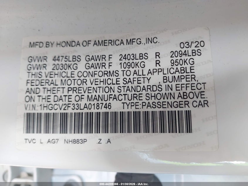 VIN 1HGCV2F33LA018746 2020 HONDA ACCORD SPORT 2.0T