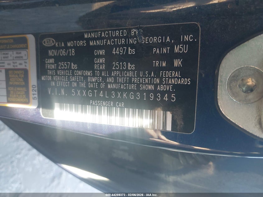 2019 Kia Optima Lx VIN: 5XXGT4L3XKG319345 Lot: 44289373