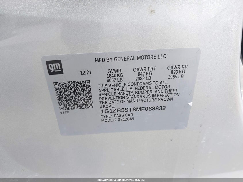 VIN 1G1ZB5ST8MF088832 2021 CHEVROLET MALIBU FWD LS