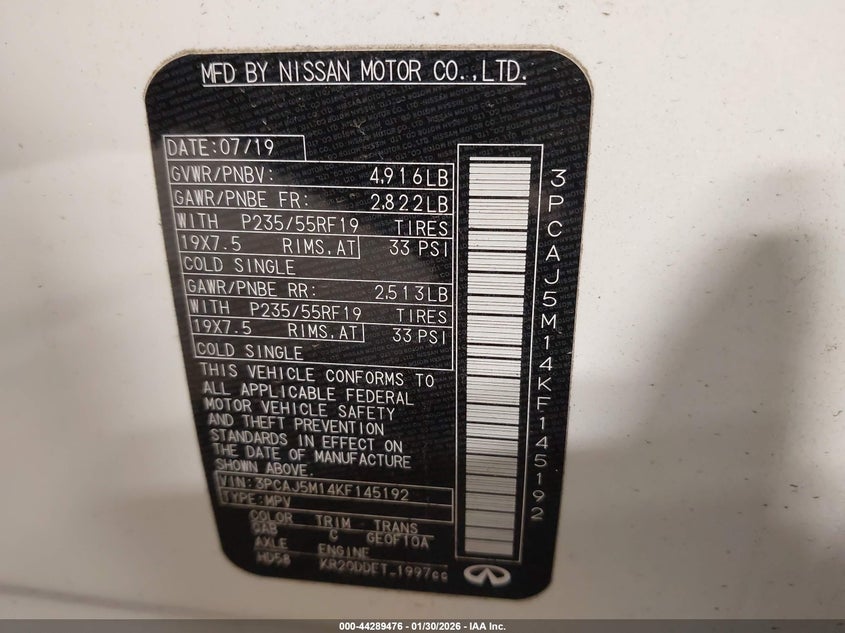 2019 Infiniti Qx50 Essential VIN: 3PCAJ5M14KF145192 Lot: 44289476