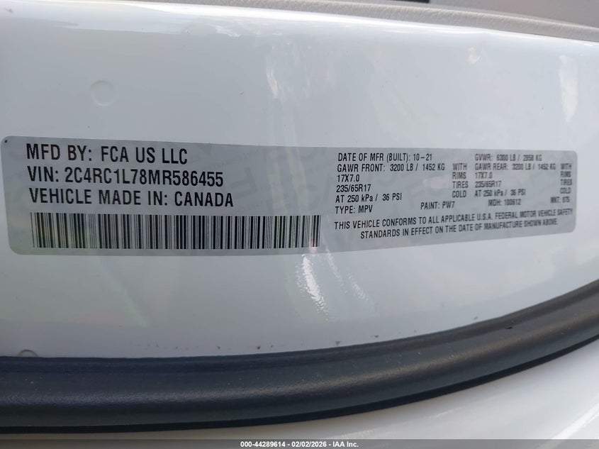 VIN 2C4RC1L78MR586455 2021 CHRYSLER PACIFICA HYBRID TOURING L