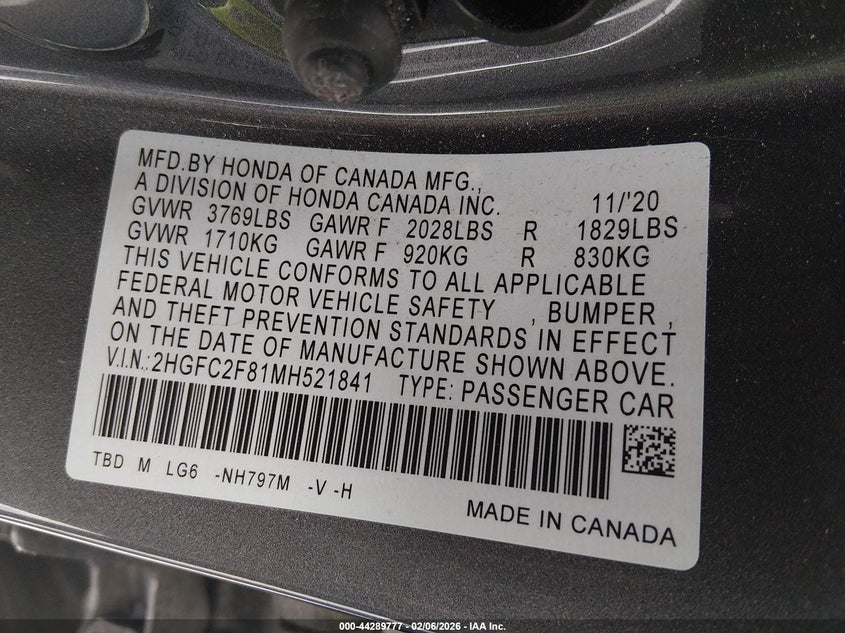 2021 HONDA CIVIC 2.0L I-4 DOHC, VVT, (VIN: 2HGFC2F81MH521841
