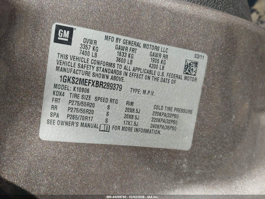 2011 GMC Yukon Xl 1500 Denali VIN: 1GKS2MEFXBR289379 Lot: 44289780