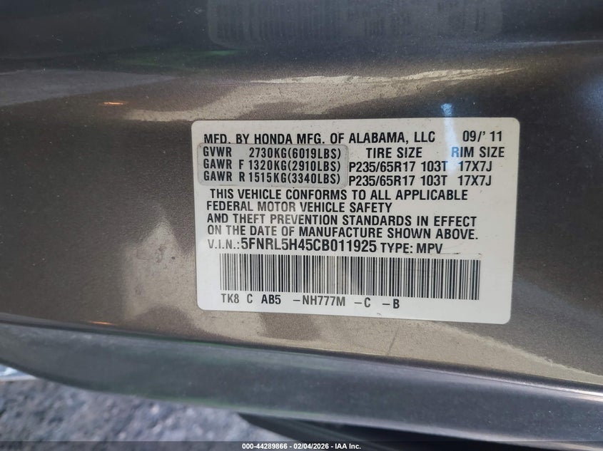 2012 Honda Odyssey Ex VIN: 5FNRL5H45CB011925 Lot: 44289866