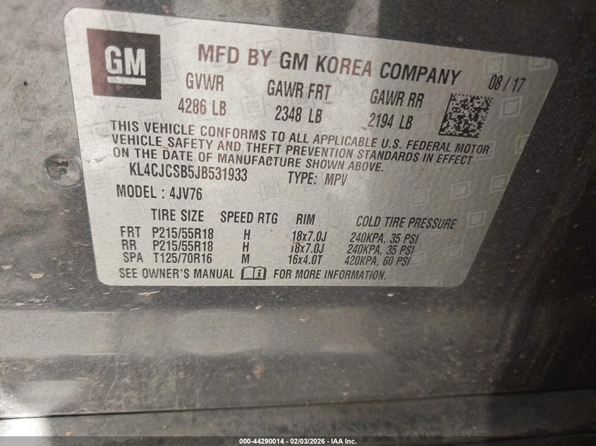 2018 Buick Encore Essence VIN: KL4CJCSB5JB531933 Lot: 44290014