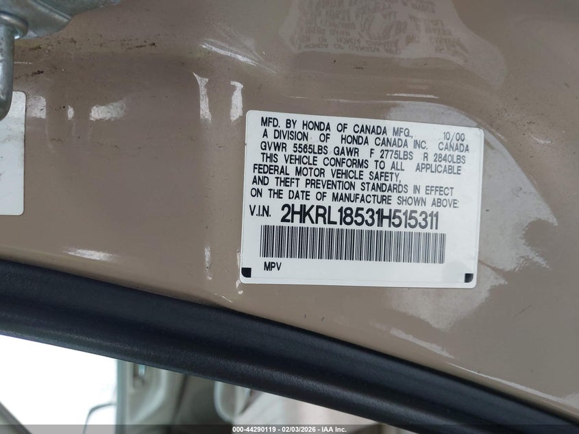 2001 Honda Odyssey Lx VIN: 2HKRL18531H515311 Lot: 44290119