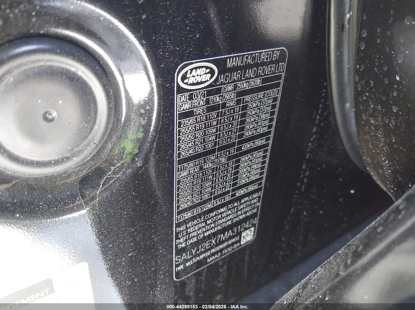 2021 Land Rover Range Rover Velar P250 S VIN: SALYJ2EX7MA312424 Lot: 44290153