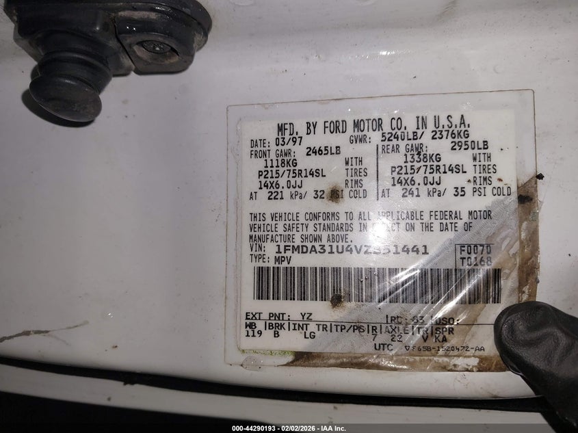 1997 Ford Aerostar Wagon Xlt VIN: 1FMDA31U4VZB51441 Lot: 44290193