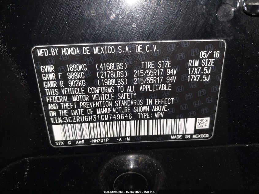 2016 Honda Hr-V Lx VIN: 3CZRU6H31GM749646 Lot: 44290268