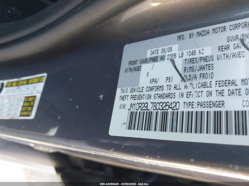 2008 Mazda Mazda5 Grand Touring VIN: JM1CR29L780326420 Lot: 44290449