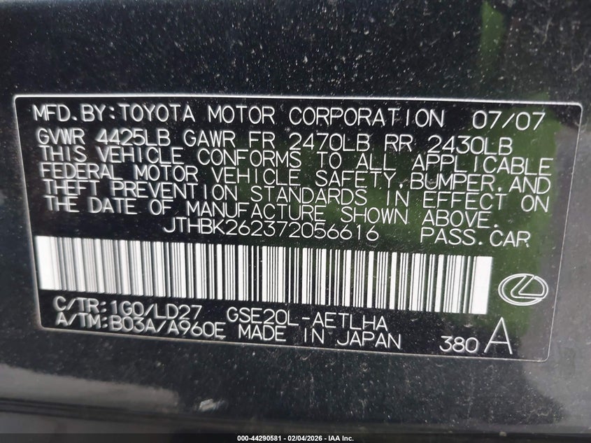 2007 Lexus Is 250 VIN: JTHBK262372056616 Lot: 44290581