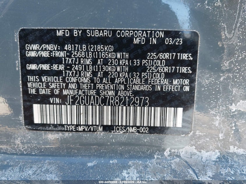 2024 SUBARU CROSSTREK 2.0L H-4 DI, DOHC, V(VIN: JF2GUADC7R8212973
