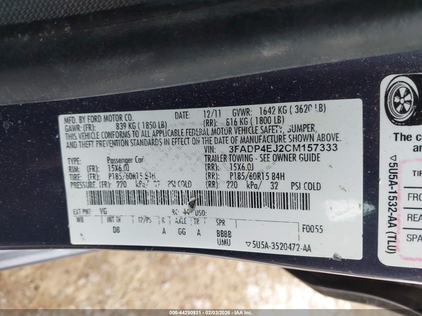 2012 Ford Fiesta Se VIN: 3FADP4EJ2CM157333 Lot: 44290931