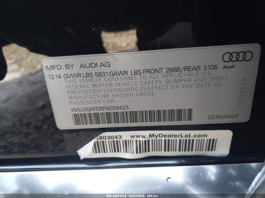 2015 Audi A8 L 3.0T VIN: WAU3GAFDXFN028423 Lot: 44291018